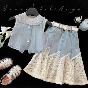 Denim Strap Vest Lace Skirt