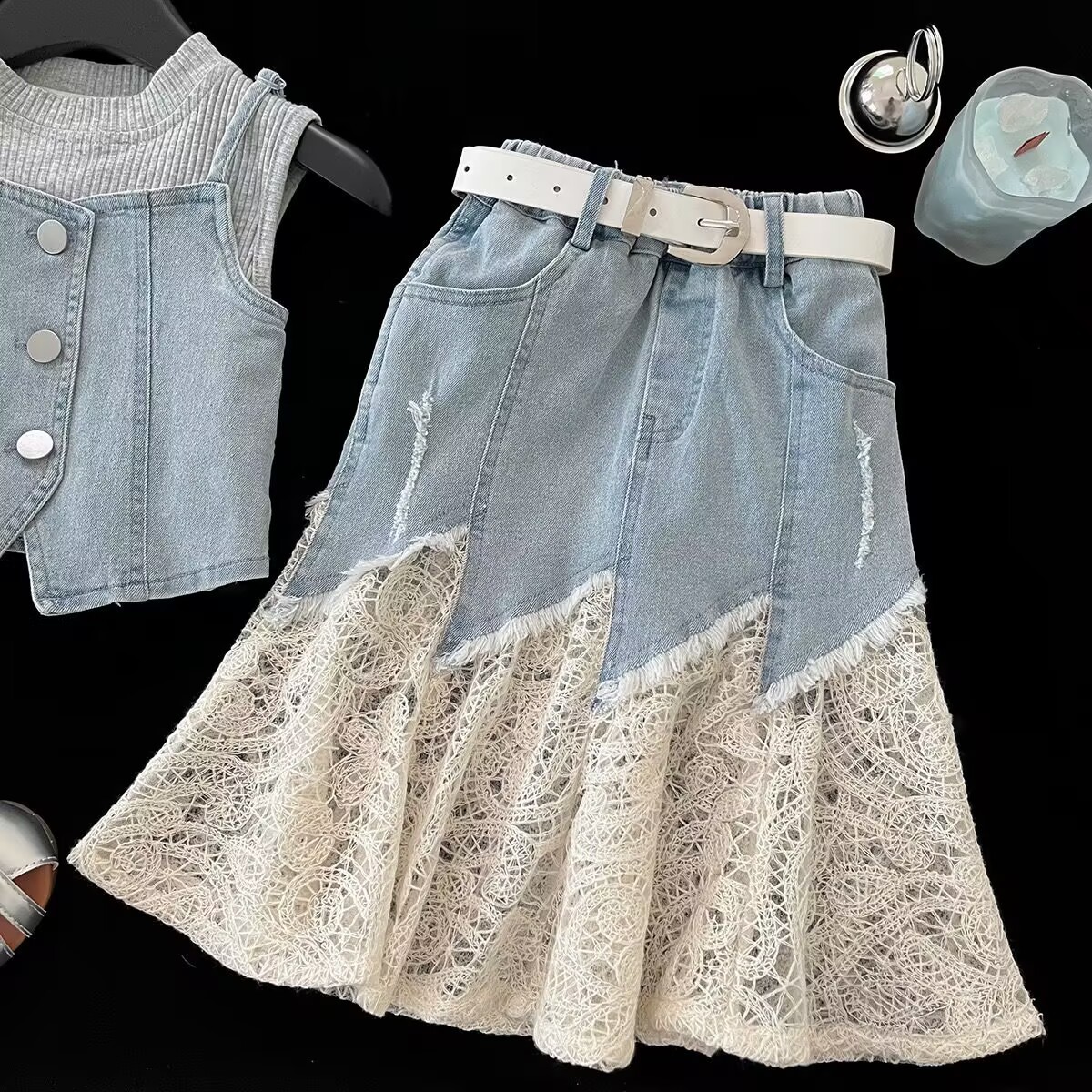 Denim Strap Vest Lace Skirt - Image 4