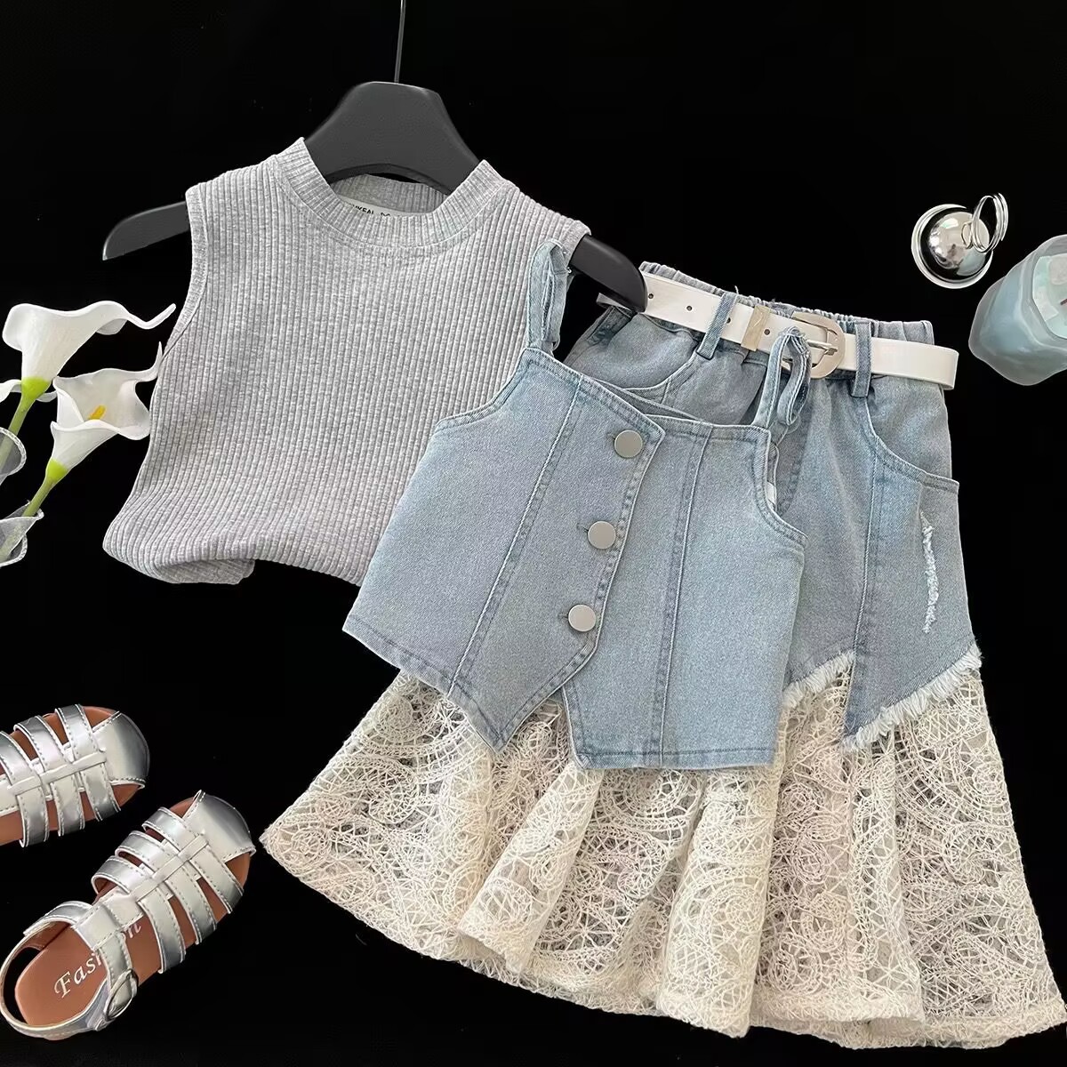 Denim Strap Vest Lace Skirt - Image 2