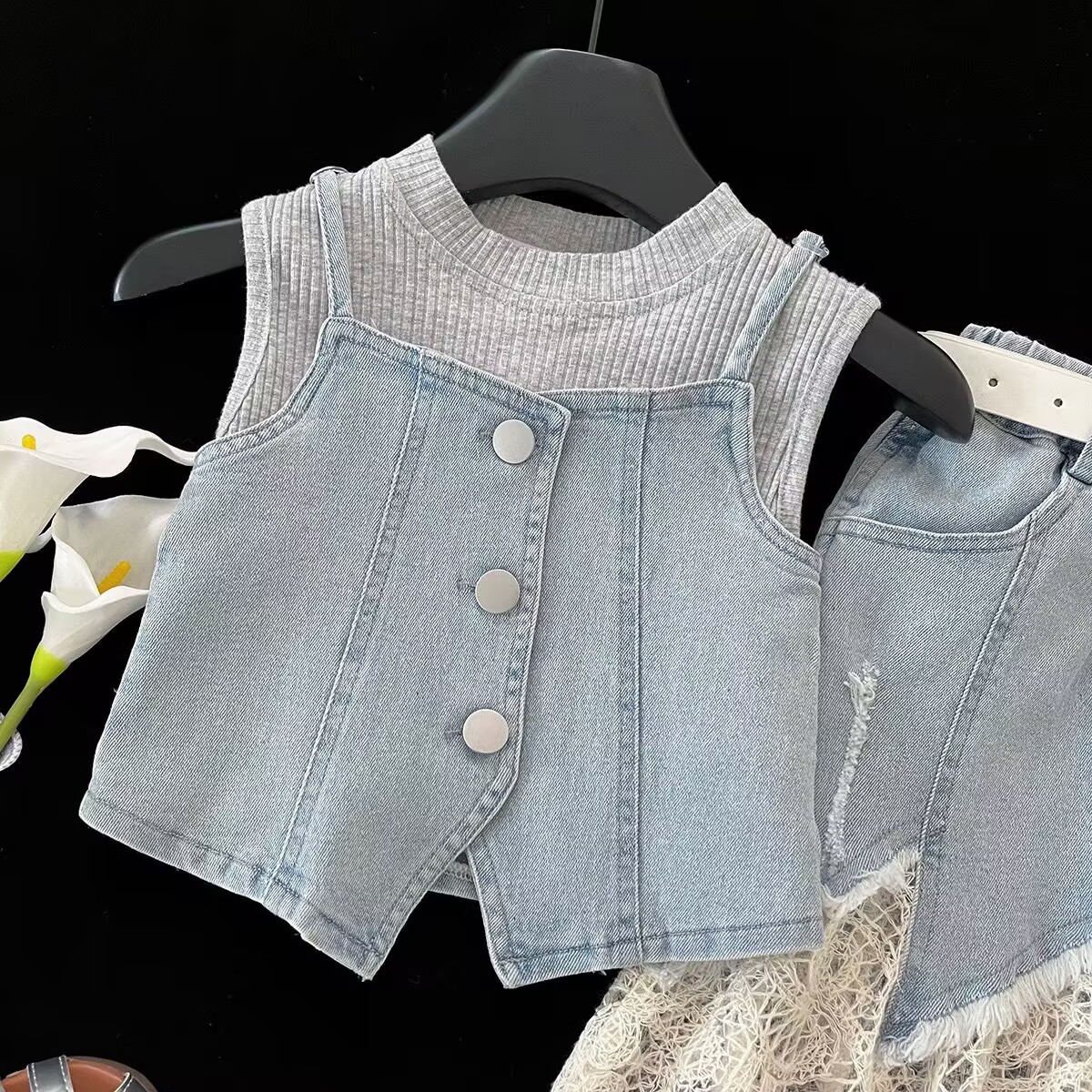 Denim Strap Vest Lace Skirt - Image 3