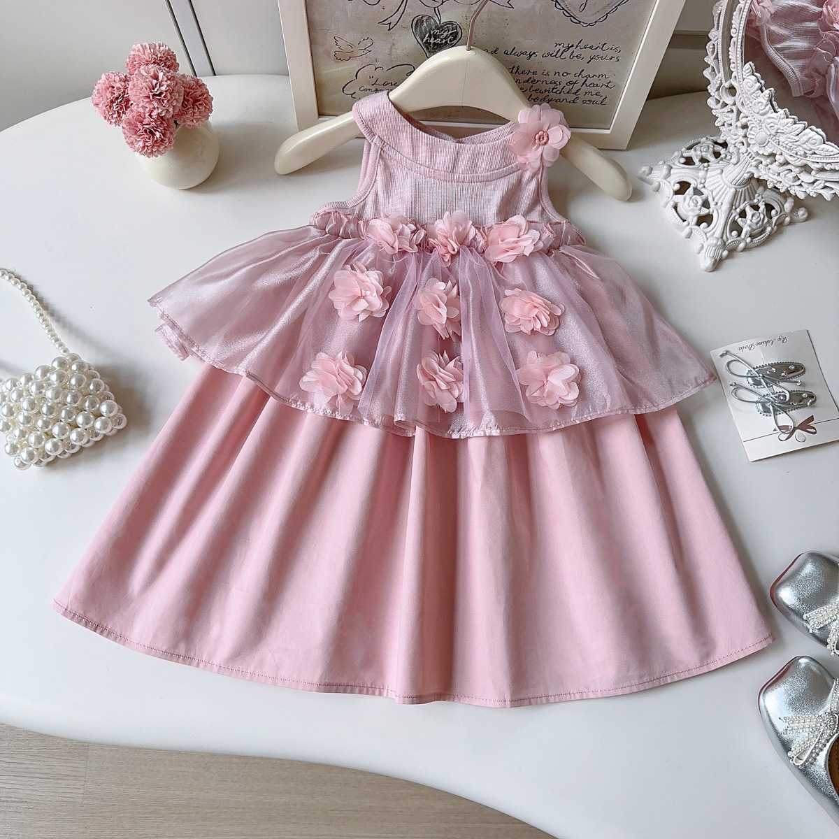 3D Floral Mesh Vest Dress - Image 3