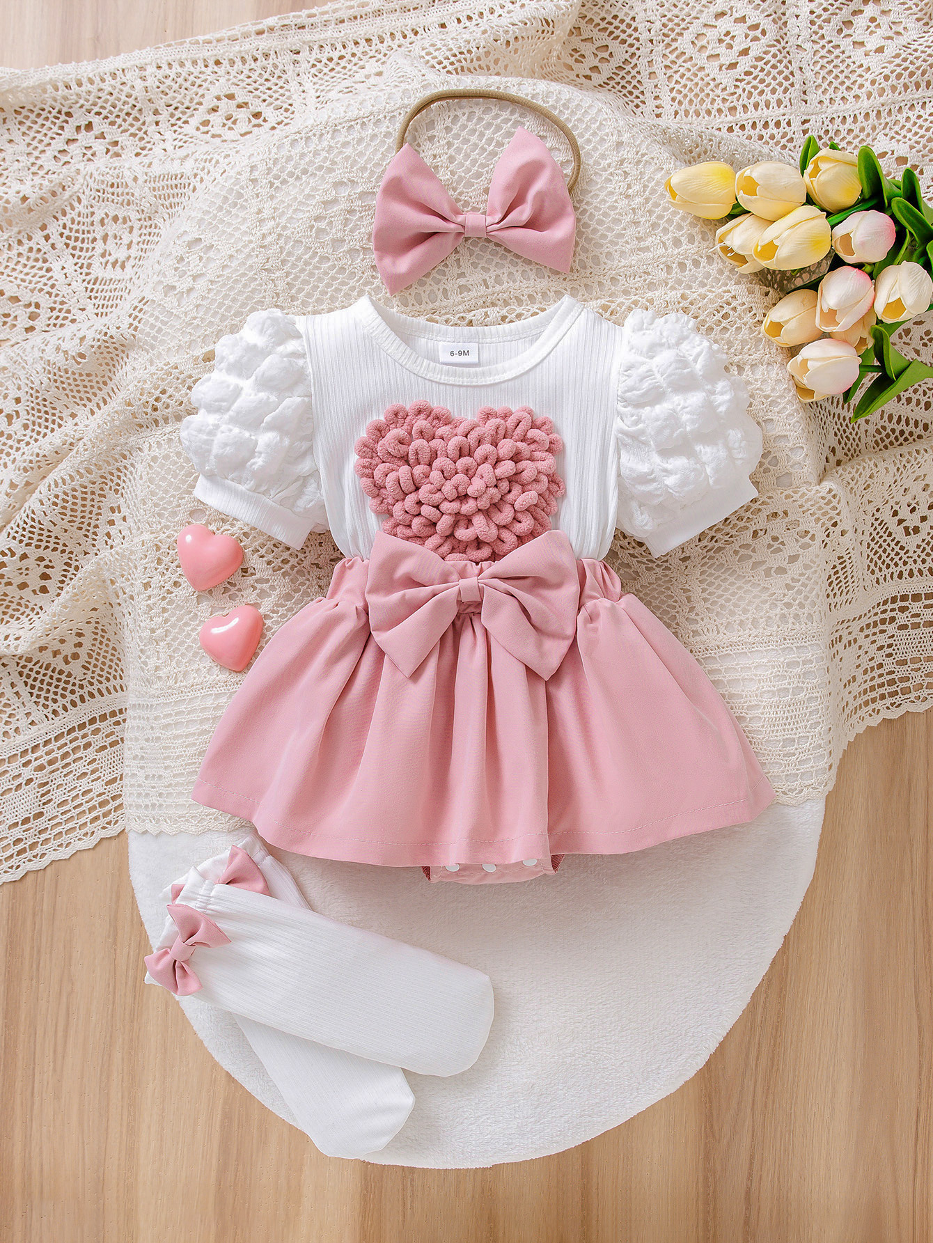 3D Heart Puff Sleeve Romper