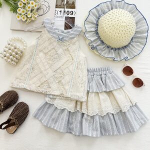 Lace Vest Top Striped Cake Skirt